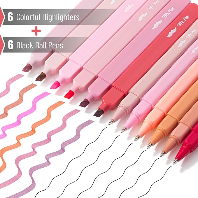 Mr. Pen- Aesthetic Highlighters and Ballpoint Pens No Bleed, 12 Pack | Shades of Pink, Bible Highlighters and Pens No Bleed, Fast Dry and No Smear for Bible Journaling, Planner, School Supplies