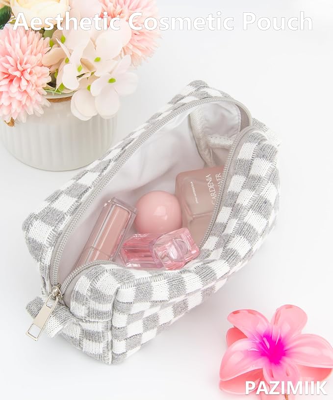 PAZIMIIK Checkered Makeup Bag for Purse, Small Travel Cosmetic Pouch,Grey | Cute Zipper Makeup Organizer for Women, Travel Essentials, Toiletries, Makeup Brushes, Beauty Accessories&Bridesmaid Gifts