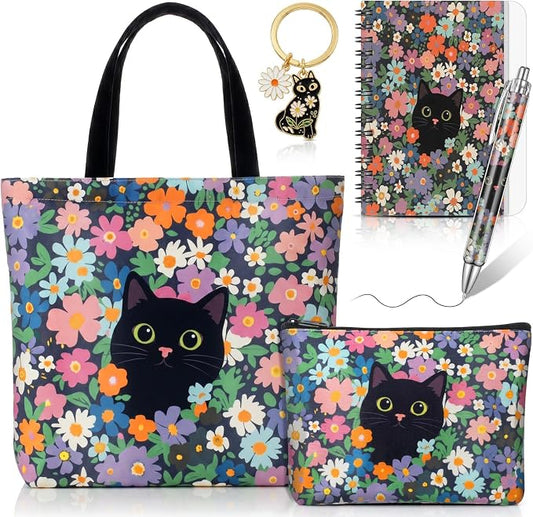 Kinlop 5 Pcs Gift Set for Women Include Tote Bag Canvas Cosmetic Bag Coil Notebook Keychain and Ballpoint Pen for Women Girls (Black Cat,Multicolor)