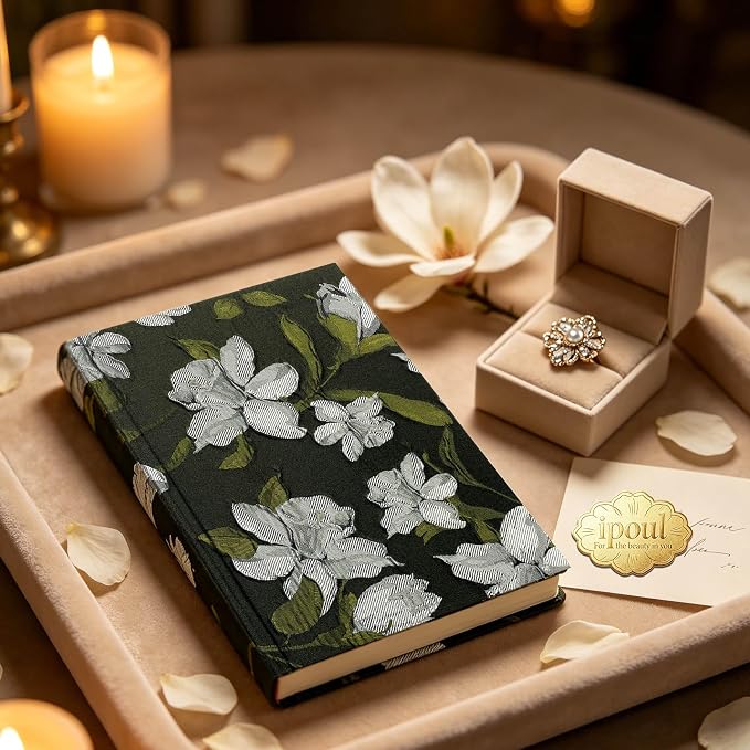 Flower Notebook, A5, 6x8, Hardcover, Lay Flat, Lined Paper, Ruled Page, Journal for Women, Writing Notebook, Pretty, Magnolia, Black, Birthday Gifts for Women, Mothers day Gifts