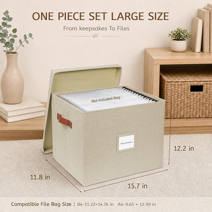 Collapsible File Storage Box with Lid, Beige | Office files & board games | Includes labels & glue dots | Fits A4/B4 papers | Faux leather handles & label window