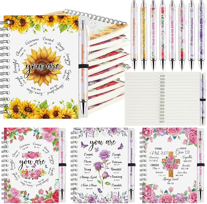 Colarr 12 Sets Christian Notebooks Bulk Christian Gifts for Women Pen and Notebook Gift Set Religious Prayer Journal for Woman Church Scripture Note Books with Bible Verse Pens(Floral Border)