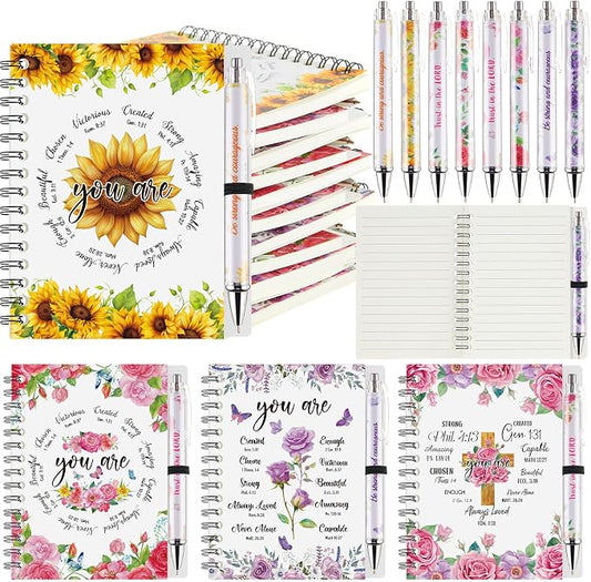 Colarr 12 Sets Christian Notebooks Bulk Christian Gifts for Women Pen and Notebook Gift Set Religious Prayer Journal for Woman Church Scripture Note Books with Bible Verse Pens(Floral Border)