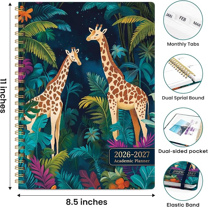 Academic Planner 2026-2027, Weekly and Monthly Calendar Book, July 2026 – June 2027, Hardcover Planner with Tabs, Perfect for Teachers, Students, Women & Men, A4 (8.5" x 11") - Giraffes