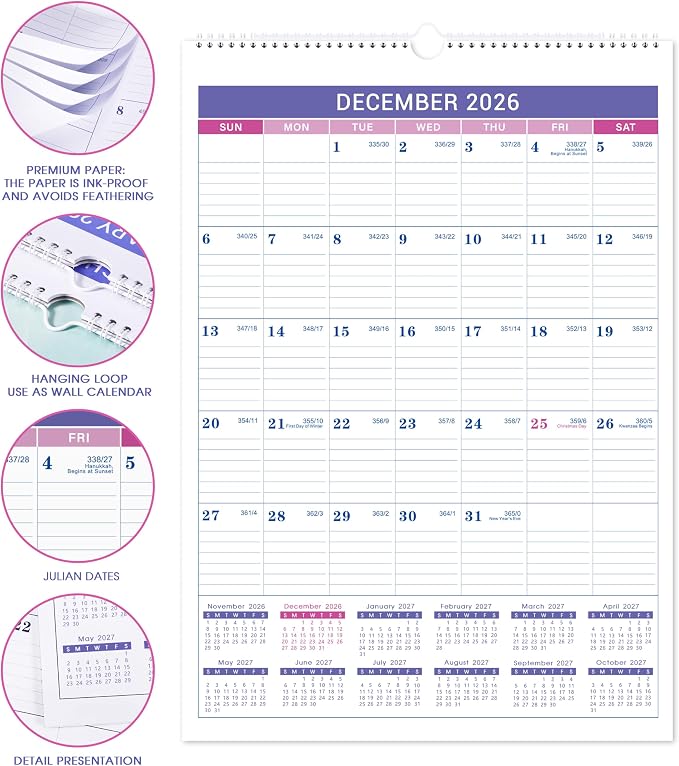 2026-2027 Wall Calendar - July 2026 - December 2027, 2026-2027 Calendar, 18 Months Wall Calendar, 12" x 17", Large Blocks, Spiral Bound
