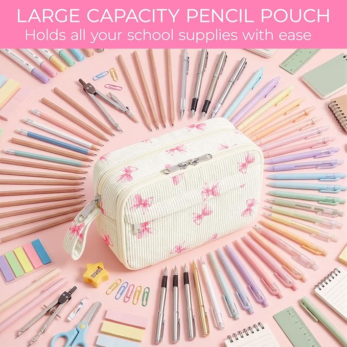 WOBAGMEN Cute Pencil Case,Large Corduroy Zippered Pencil Case Pouch, aesthetic Pencil Bag with Compartments, Pencil Pouch School Supplies (Pink Big Bow)