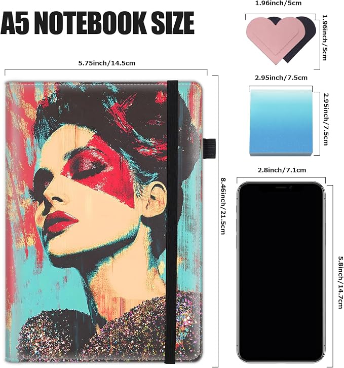 Hardcover Executive Notebooks, A5 PU Leather Lined Journal Notebook, 200 Pages Thick Paper Subject Notebooks for School,Work,Home Writing Business Notebook, Diary Book ，Woman Portrait Doodle
