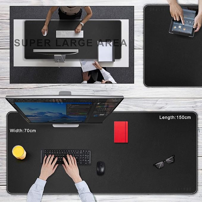 CENNBIE 59" x 27.5" Large Leather Desk Mat,Waterproof Desk Pad(Black) | Premium stitched edges resist wear. Easy to clean. Protects desk from spills, stains ,scratches. Smooth glide. Office & home.