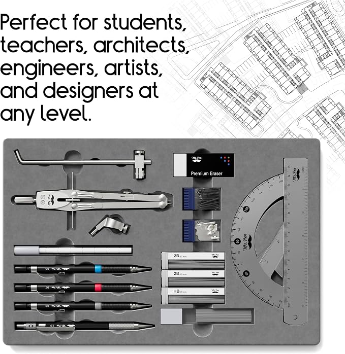 Mr. Pen- Professional Geometry Set, 17 pcs, Metal Compass | Mechanical Pencils, Rulers, Protractor & Set Squares, Lead Refills, Extra Screws & Needles, Drafting Kit for Math