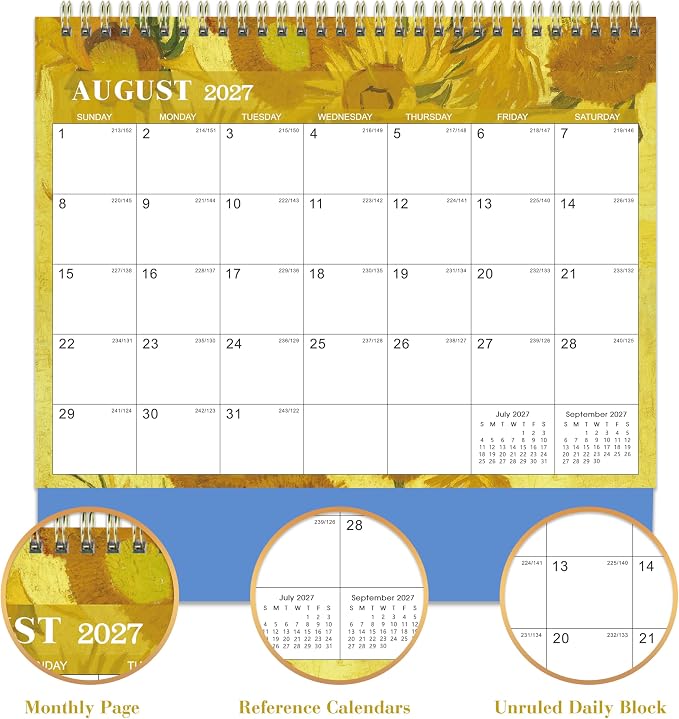 Desk Calendar 2026-2027 Flip Desktop Calendar Jul 2026 - Dec 2027 | 9.8" x 8.3" Starry Night Van Gogh Desk Planner with Thick Paper for Office Home School