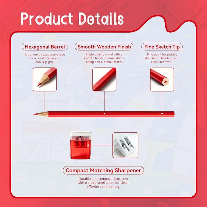 12 Piece Red Colored Pencils Set with Sharpener, Pre-Sharpened Professional Wooden Art Pencils for Artists Drawing and Sketching, Premium Colored Tone Supplies Delivering Detailed Painting(Red)
