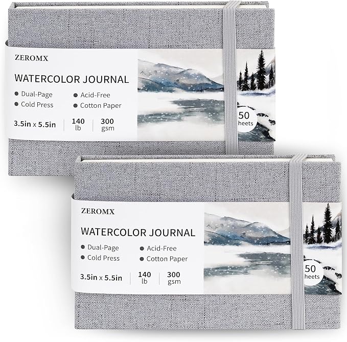 ZEROMX Watercolor Sketchbook, 3.5x5.5 Watercolor Journal, 2 Packs, 50 Sheets Each, Cotton Paper, Cold Press, 140lb/300gsm, Mini Watercolor Book, Watercolor Notebook for Travel Painting (Grey)
