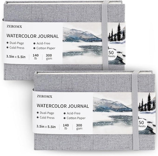 ZEROMX Watercolor Sketchbook, 3.5x5.5 Watercolor Journal, 2 Packs, 50 Sheets Each, Cotton Paper, Cold Press, 140lb/300gsm, Mini Watercolor Book, Watercolor Notebook for Travel Painting (Grey)
