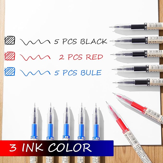 Japanese Style Black Blue & Red Gel Ink Pens, 0.35mm Extra Fine Point, No Smudge Quick Drying, Japanese Ink Pen for Journal Planners, Thin Notebook Paper, Office School Supplies 12 Pack