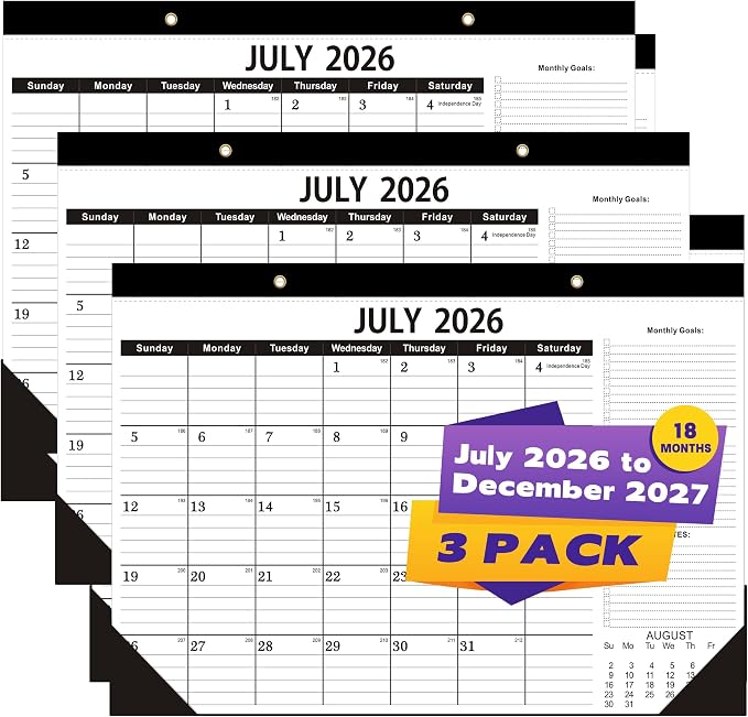 Desk Calendar 2026-2027 (3 Pack) -July 2026 to December 2027-18 Month - 17" x 12" Professional Value Pack Calendar 2026-2027 with 120 GSM Thick Paper.