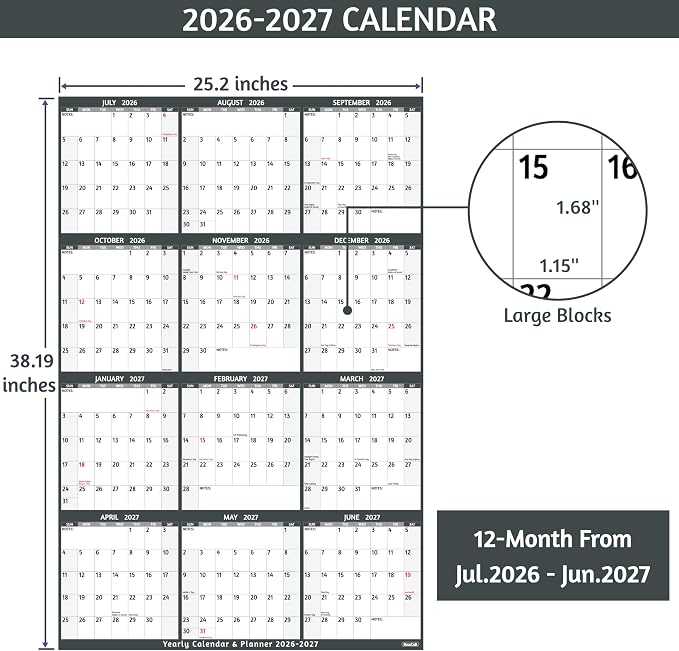 Yearly Wall Calendar 2026-2027 - Large Yearly Calendar Vertical, Jul 2026 - Jun 2027, 25.2" x 38.2" (Open), 2026-2027 Calendar, Large Wall Calendar, Full Year Paper Calendar with Notes, Thicker Paper