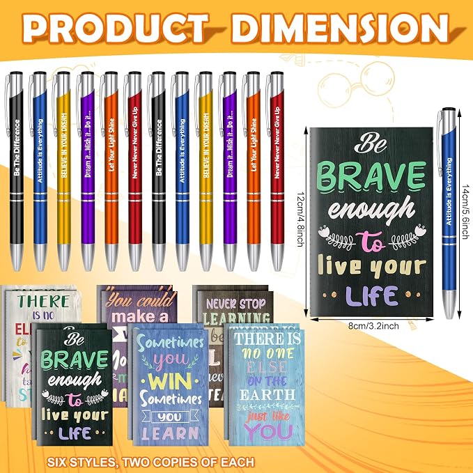 Geyee 24 Pcs Mini Motivational Pens Inspirational Notepads Bulk Appreciation Gifts Small Journals Funny Ballpoint Pen Set Prizes Men Women Office Travel Party Favors(Life)