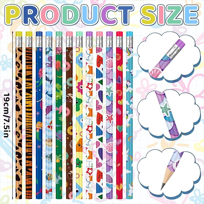 Chinco 100 Pcs Wooden Pencil with Eraser for Kids Colorful Pencils Bulk Writing Fun Assorted Novelty Kids Fun School Supplies for Classroom Gifts Teacher Student School Supplies (Cute Style)