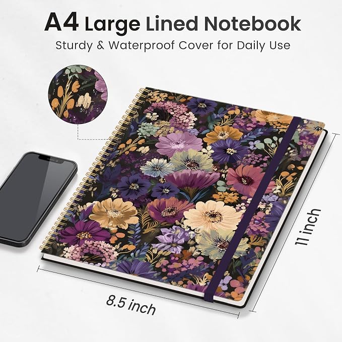 Taja Large Spiral Lined Journal for Women, 8.5" x 11" Notebooks for Work Collge Ruled, A4 Aesthetic Cute Journaling Notebooks for Writing, Plastic Cover, Midnight Bloom