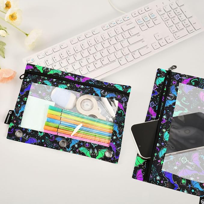 Psychedelic Bat Pencil Pouches for 3 Ring Binder 2 Pack | Binder Pencil Case With Zipper Reinforced GrommetsPencil Bags for Office Organizers