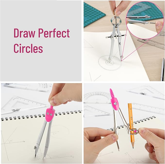 Mr. Pen- Geometry Set, 13 pcs, 3 Metal Compasses, Protractor, 6" Ruler | 45° & 30°/60° Set Squares, Pencils, Lead Refills, Sharpener & Eraser for Math, Drafting & Classroom Use
