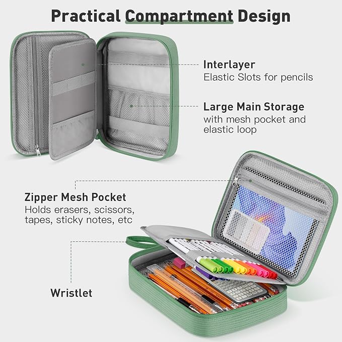 Zannaki Large Capacity Pencil Pouch Organizer | Soft Corduroy Pencil Box for Girls Boys Teens | Cute Big Pen Bag with Multiple Zipper Pockets - Pencil Case Storage for Art Supplies & Stationery-Green