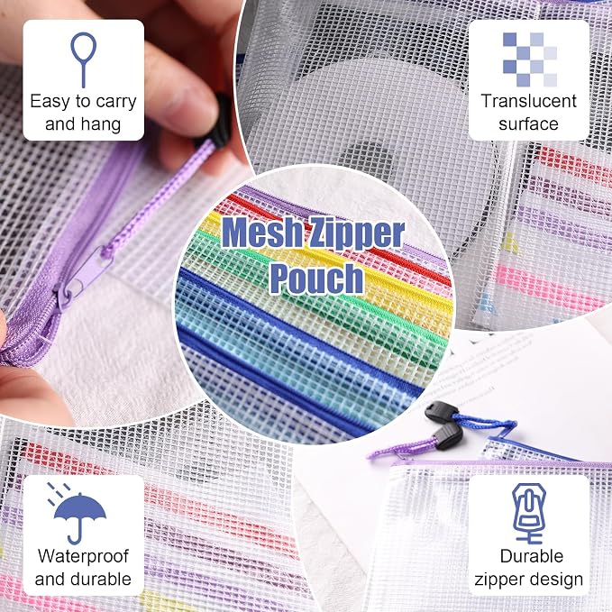 Koogel 5PCS Mesh Zipper Pouch Bags, A4, Waterproof File Folders, 5 Colors | Reusable PVC Plastic Pouches for Organizing Storage, Clear Mesh Bag for School, Office, Classroom Supplies
