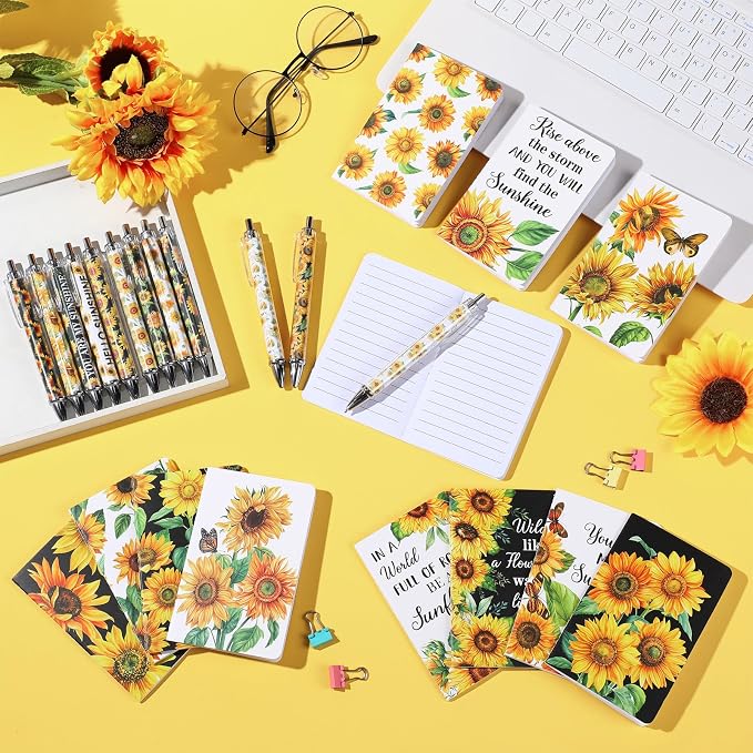 Pasimy 48 Pcs Sunflower Notebooks and Pen Set, Sunflower Mini Notepad Sunflower Party Ballpoint Pen Vintage Gift Favor for Office Home Summer Birthday Party Gift Supplies Decor