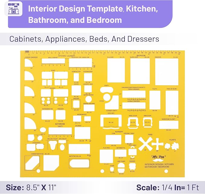Mr. Pen- House Plan, 3 pcs, Interior Design and Furniture Templates | Clear Flexible Plastic, Drafting Tools, Ruler Shapes for Architecture, 1/4 Inch Scale, Kitchen, Bath, Bedroom, Office