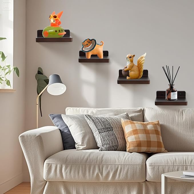 Small Floating Shelf for Wall,5 Inch Wooden Wall Shelf Set of 2,Mini Speaker, Baby Monitor,Cameras，Figurines Display Stand, for Bedroom, Gaming Room, Living Room, Bathroom, Office(Walnut)