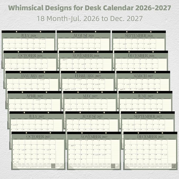 ZTX Desk Calendar 2026-2027,18 Months Calendar from July 2026 to December 2027,17" x 12" Big Calendars 2026-2027 Monthly Planner with Plastic Cover for Teacher Home Desk Top Green