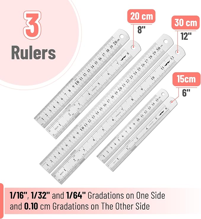 Mr. Pen- Metal Straight Edge Ruler, 3 pcs, 6", 8", 12" | Stainless Steel Ruler Set, Imperial & Metric Measurements for Drawing, Home, Office, Engineering