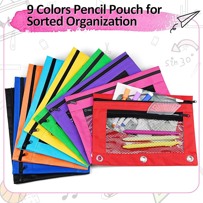 EAONE Pencil Pouch for 3 Ring Binder Set of 36, Double Pockets Zipper Binder Pouches Pencil Case Bulk for School Classroom Supplies/Student/Office/Home, 9 Colors