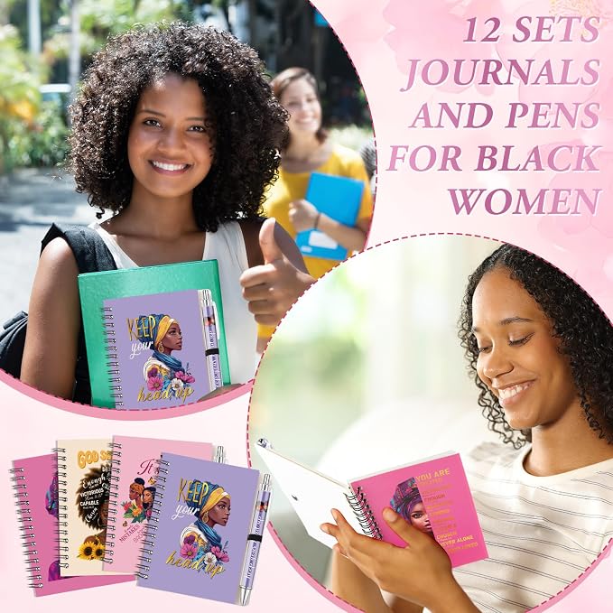 Colarr 12 Sets Black Women Journals and Pen Gifts African American Journal and Pen for Black Girl Inspirational Spiral Notebooks African American Gifts