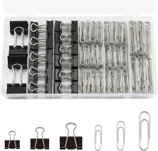 340Pcs Black Paper Clips and Binder Clips Assorted Sizes, Large Medium Small Binder Paper Clips Office Clips Office Supplies, Assorted Paper Clamps PaperClips for Home Office Supplies in a Container