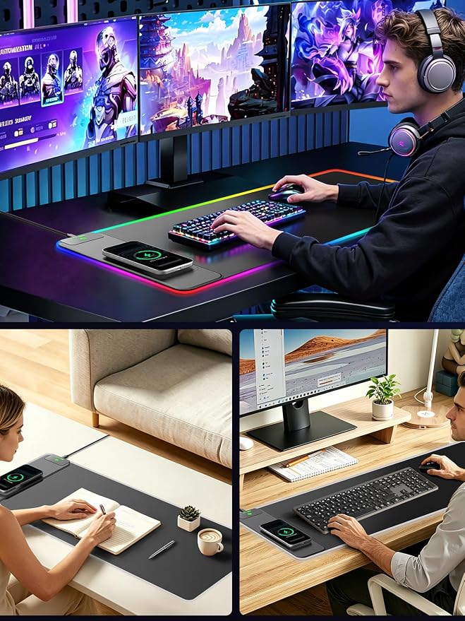 Wireless Charging Mouse Pad Gaming, 31.5"x11.8" Large Desk Mat, Waterproof | RGB Mousepad, Smooth Glide, Stitched Edge, Non-Slip Rubber Base, Desk Pad Computer Keyboard Mat, No Adapter