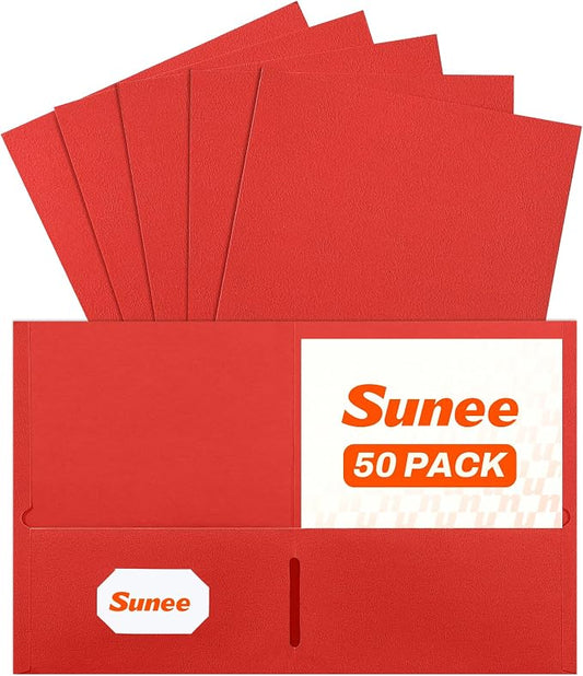 SUNEE Two Pocket Folders, 50 Pack File Folders with Business Card Slot, Textured Paper, Fit Letter Size Paper, Paper File Folder for School Office Home Business, Red