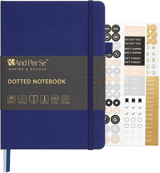 &And Per Se Dotted Journal – A5 Hardcover, Dot Grid Notebook for Planning & Journaling, 160 Pages 100gsm Paper, Stickers - 5.7'' x 8'' (Royal Blue)