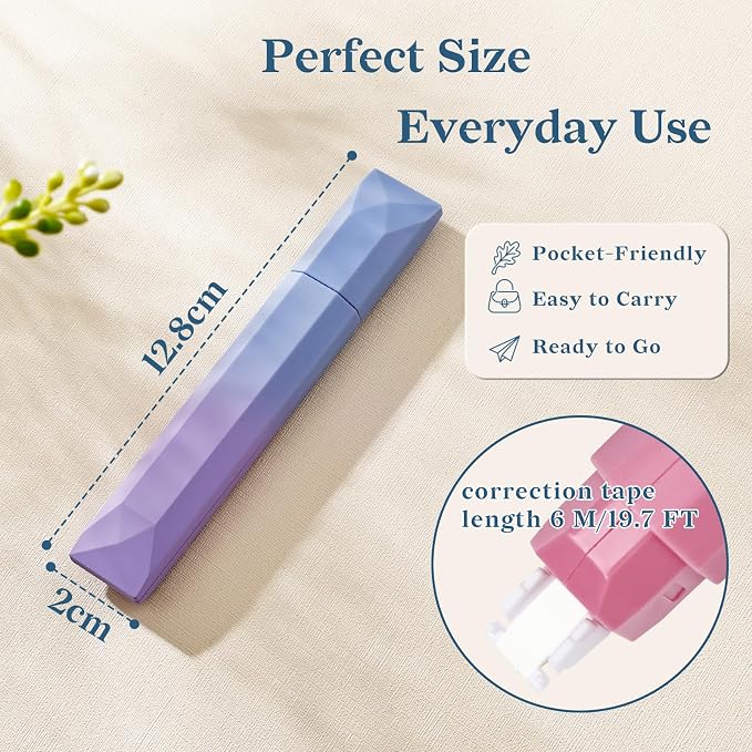 Temiary 5 Pcs White Correction Tapes, Aesthetic White Smooth Pull Out Tape Pens for Instant Corrections, Easy to Use Tear-Resistant Pen Shaped Applicator for Office School Supplies (Gradient Purple)