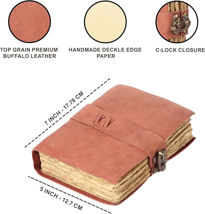 Vintage Leather Journal Handmade Buffalo Deckle Edge Paper – Leather Bound Journal for Women Men Vintage C-Lock Closure Ideal for Writing & Travel for Artists