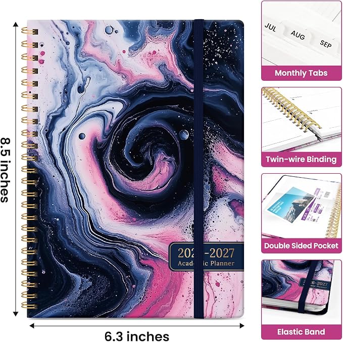 Planner 2026-2027, Academic Year Monthly and Weekly Calendar Planner, Jul 2026 - Jun 2027, Hardcover Teacher Student Planning Agenda book with Tabs, Perfect for School Office Supplies, 6.3" x 8.5" - Pink Vortex