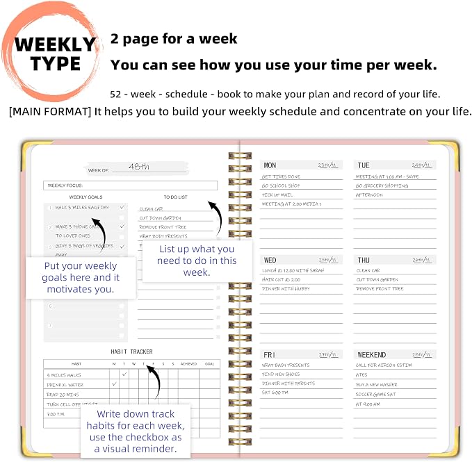 Undated Weekly Planner with To-Do List & Habit Tracker, 6" x 8" | 52-Week, 2-Page Weekly Spreads, No-Bleed Paper, Smooth Writing, Inner Pocket, Metal Corner Protector, Elastic Closure