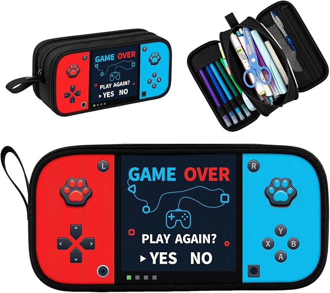 Game Controller Pencil Case for Boys Kids Teens, Large Capacity Pencil Pouch with 3 Compartments, 7 Pockets and Label Pocket for School College Office Travel (Red & Blue)