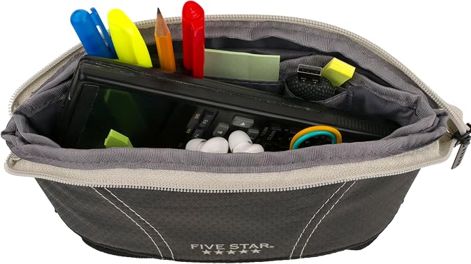 Five Star Pencil Pouch, Pen Case, Quick View Expandable Zipper Pouch, Storage Organizer for School Supplies Earbuds Chargers Cables Makeup, Black/Grey (507610A-ECM) 7.125 x 7.125 inches (Pack of 6)
