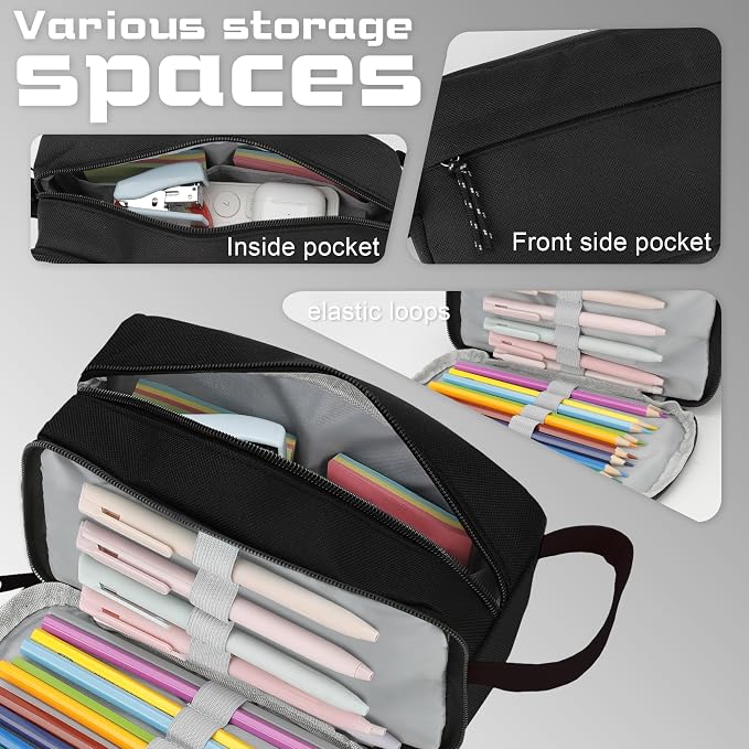 Yeplan Black Pencil case,Large Capacity Pencil Pouch | Pencil Bag,Pencil Box,Cute Pencil Case,Stationery,Durable Light Weight Material,Back To School, Pencil Case For Girls