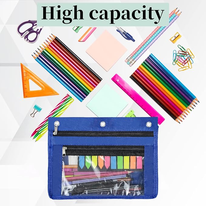 YoeeJob 2 Pack 1 Inch Expandable Zipper Pencil Pouches with Clear Window for 3 Ring Binder, Suitable for School & Office （Blue）