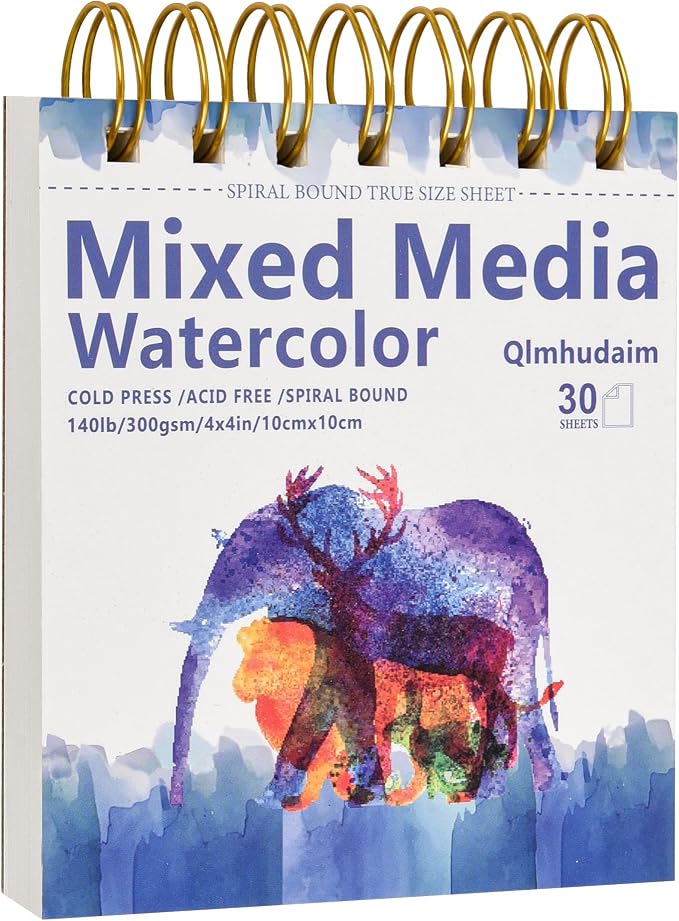 Qlmhudaim Mixed Media Sketchbook 4" x4”| 30 Sheets 140lb/300g | Spiral Bound Tear Line Artist-Grade Watercolor Sketch Book, Compact Watercolor Paper for Sized Exercises & Travel