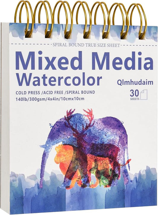 Qlmhudaim Mixed Media Sketchbook 4" x4”| 30 Sheets 140lb/300g | Spiral Bound Tear Line Artist-Grade Watercolor Sketch Book, Compact Watercolor Paper for Sized Exercises & Travel