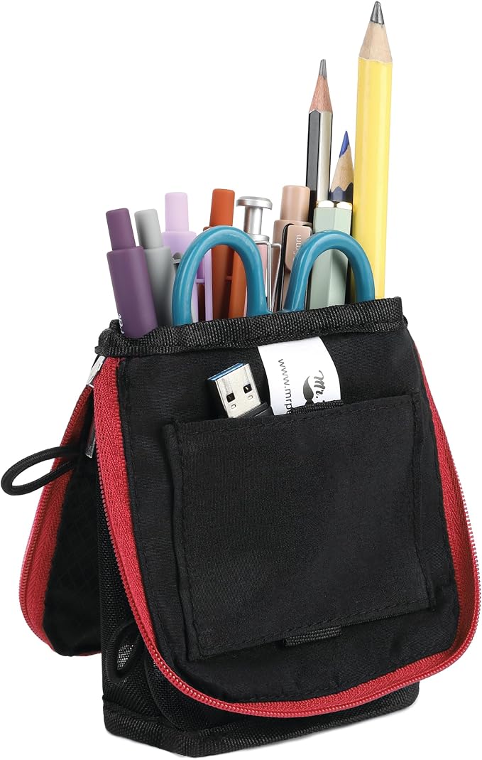 Mr. Pen- Standing Pencil Case Pouch, Sit & Lay Mesh-View Design | Black with Red Zipper, Interior Pocket & 2 Elastic Binder Loops, Cute Pencil Case for Girls and Boys
