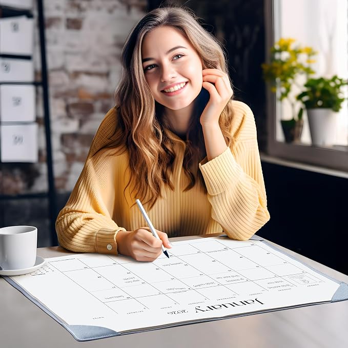 Simplified Desk Calendar 2026 with Desktop Mat, Cabbrix Large Desk Pad Calendar 21" x 16-1/2" Including July 2026 to December 2027 Desk Blotter Calendar for Home School and Office (Blue)